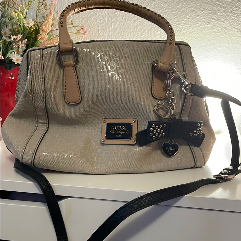 Guess Cream and Black Purse with Structured Design and Removable Strap